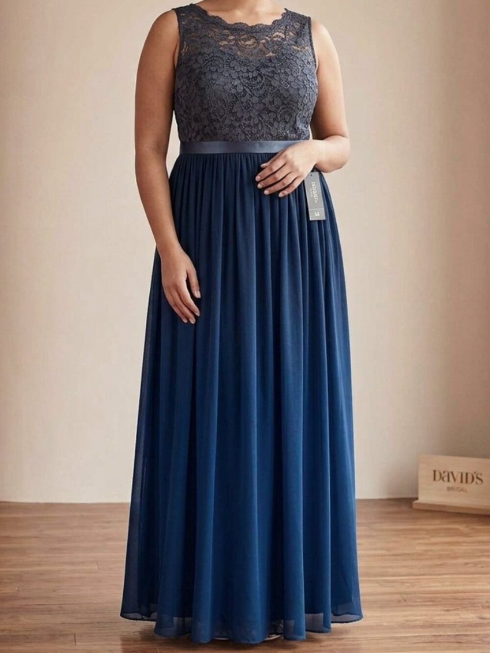 David's Bridal Lace Bodice Long Mesh Bridesmaid Dress Marine Blue Size 14